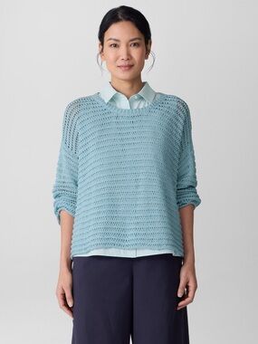 Eileen Fisher Peruvian Organic Cotton Cord Crew Neck Top Pale Sky Size Medium